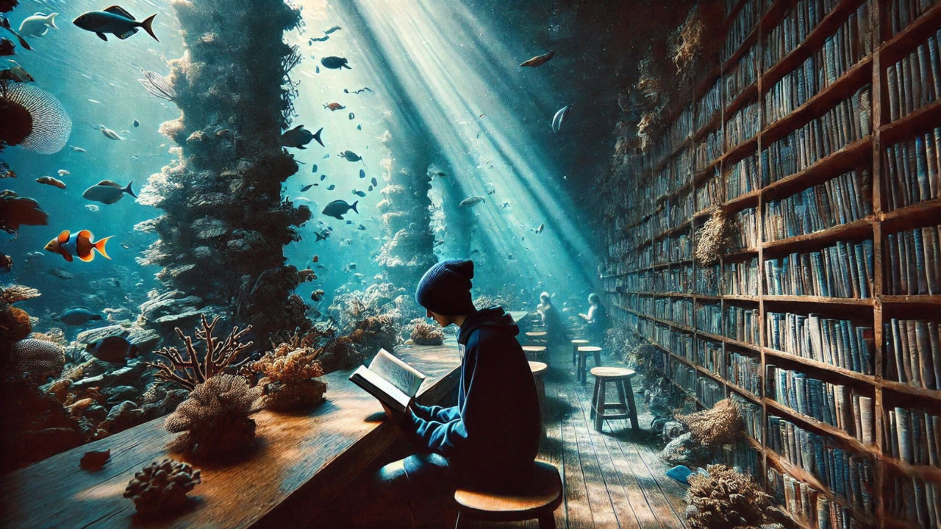 Photo of person in library reading a book with an image of the ocean in front of them.