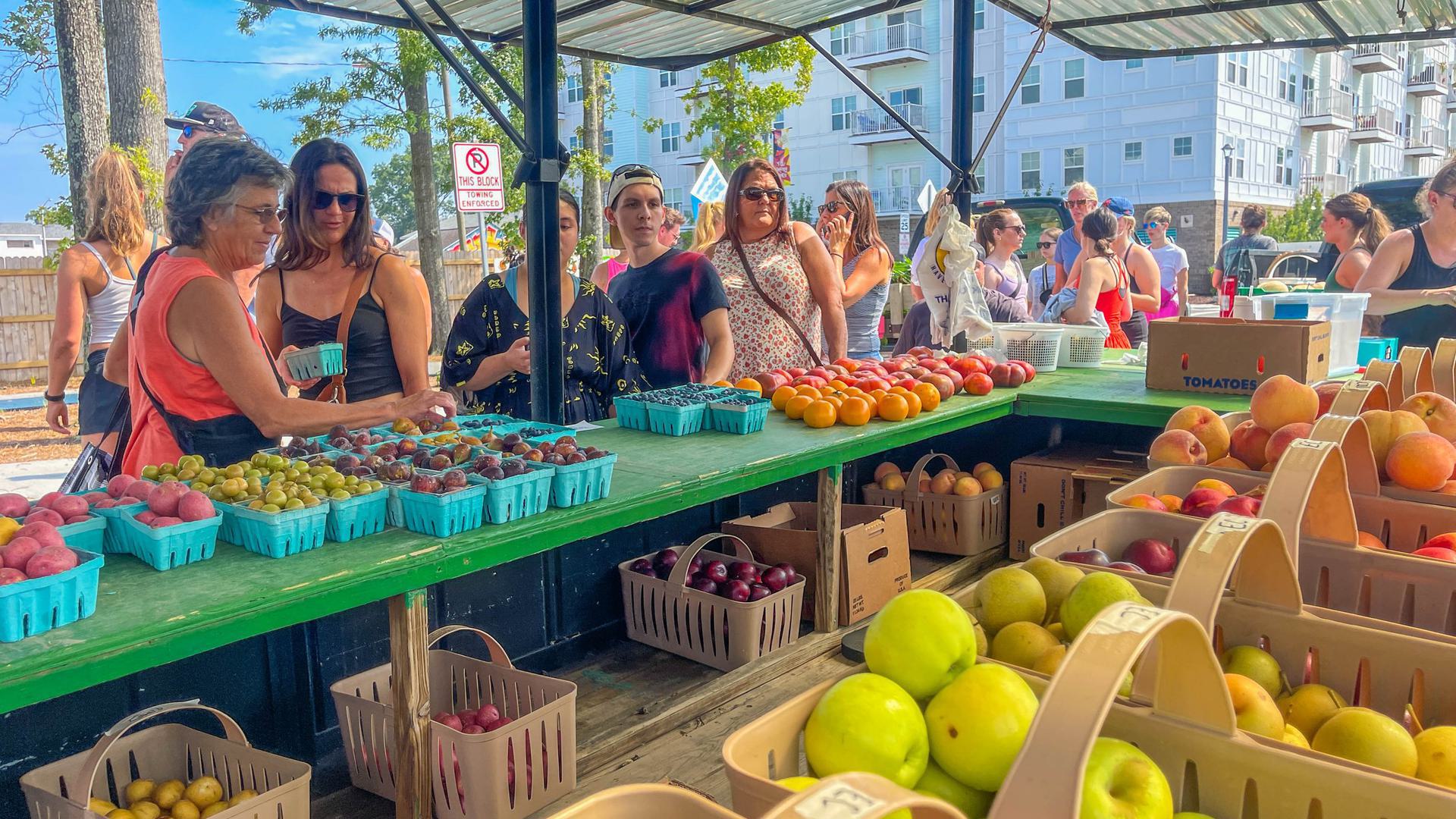 a photo of a booth at a farmers market with people looking at fruits