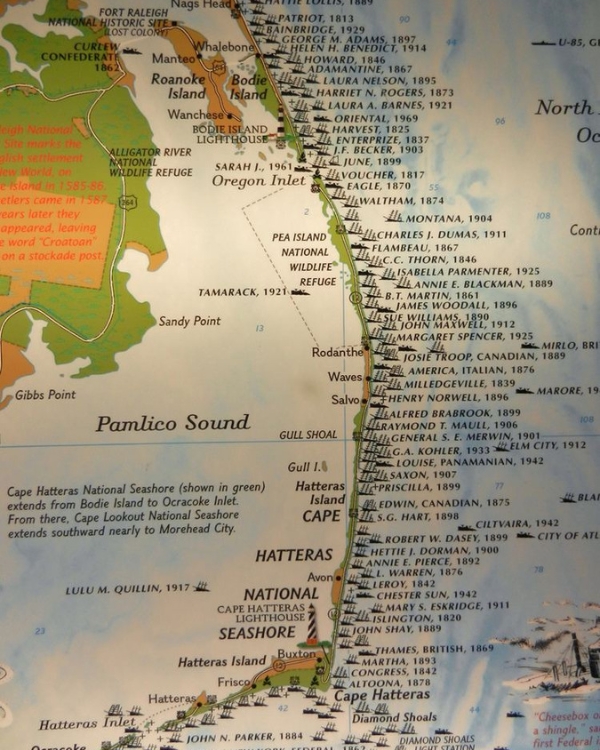 Map of the Grave yard of the Atlantic designating location of shipwrecks.