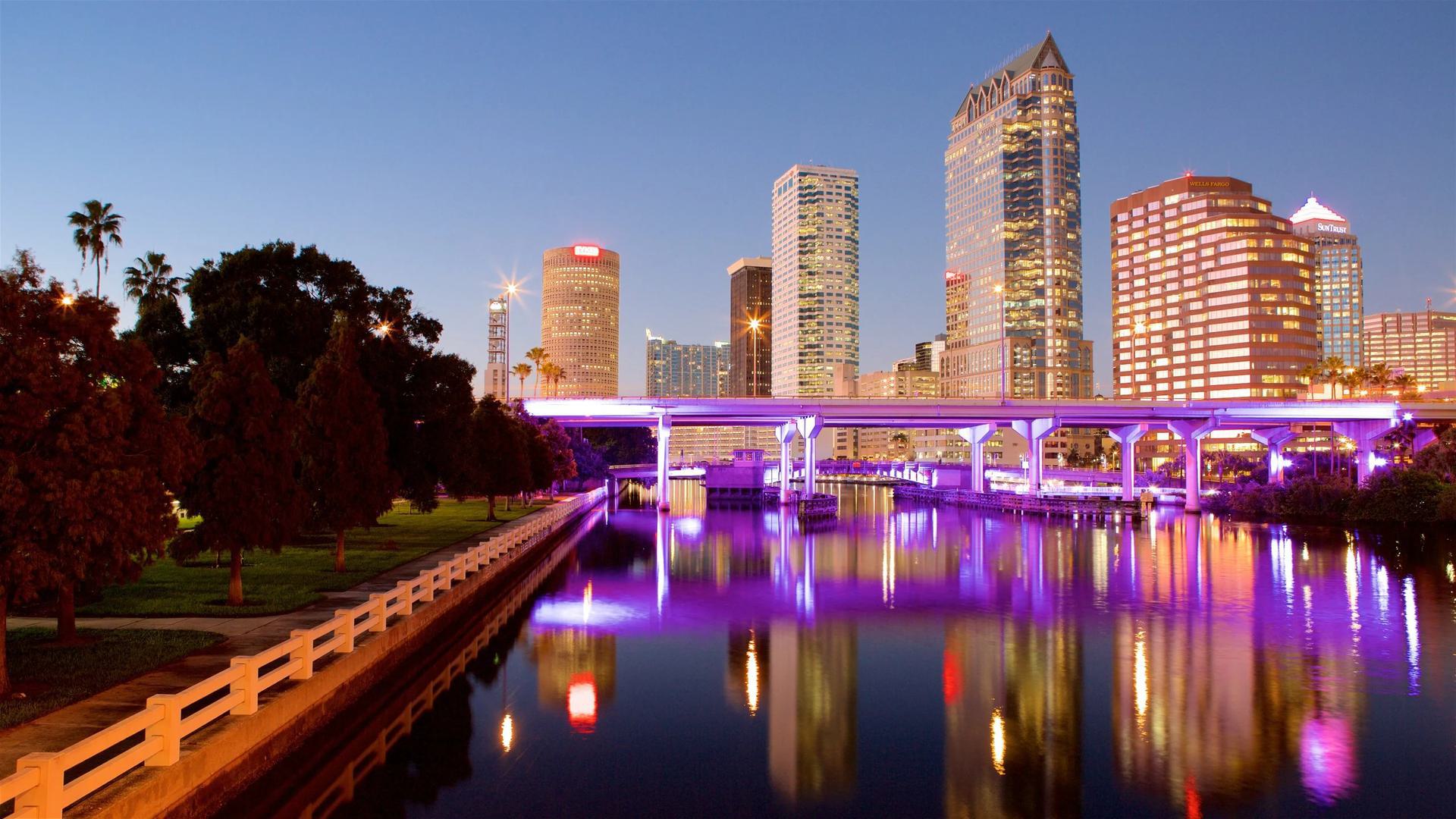 a view of a bridge with purple lighting over a river and a skyline in the background