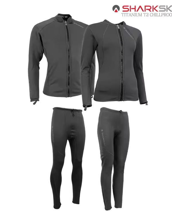Photo of male and female two piece Sharkskin dive skins.