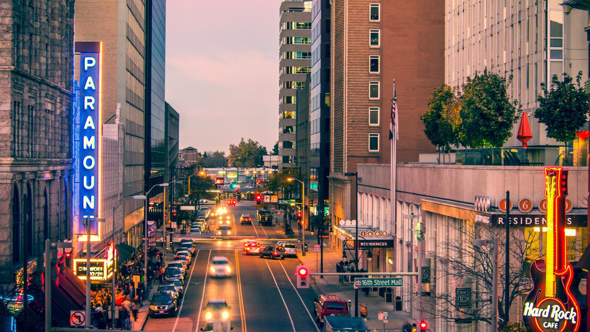 a city street at sunset