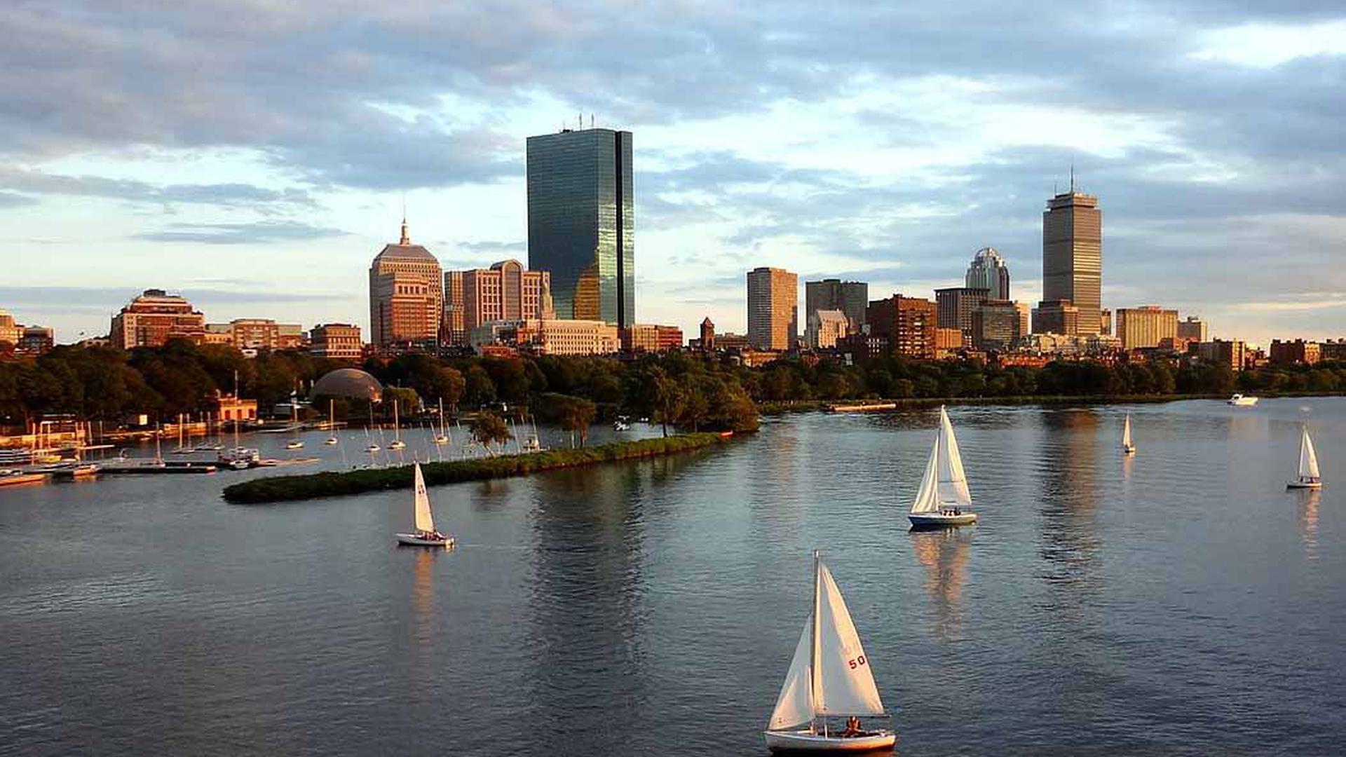 a skyline shot of a city and the water