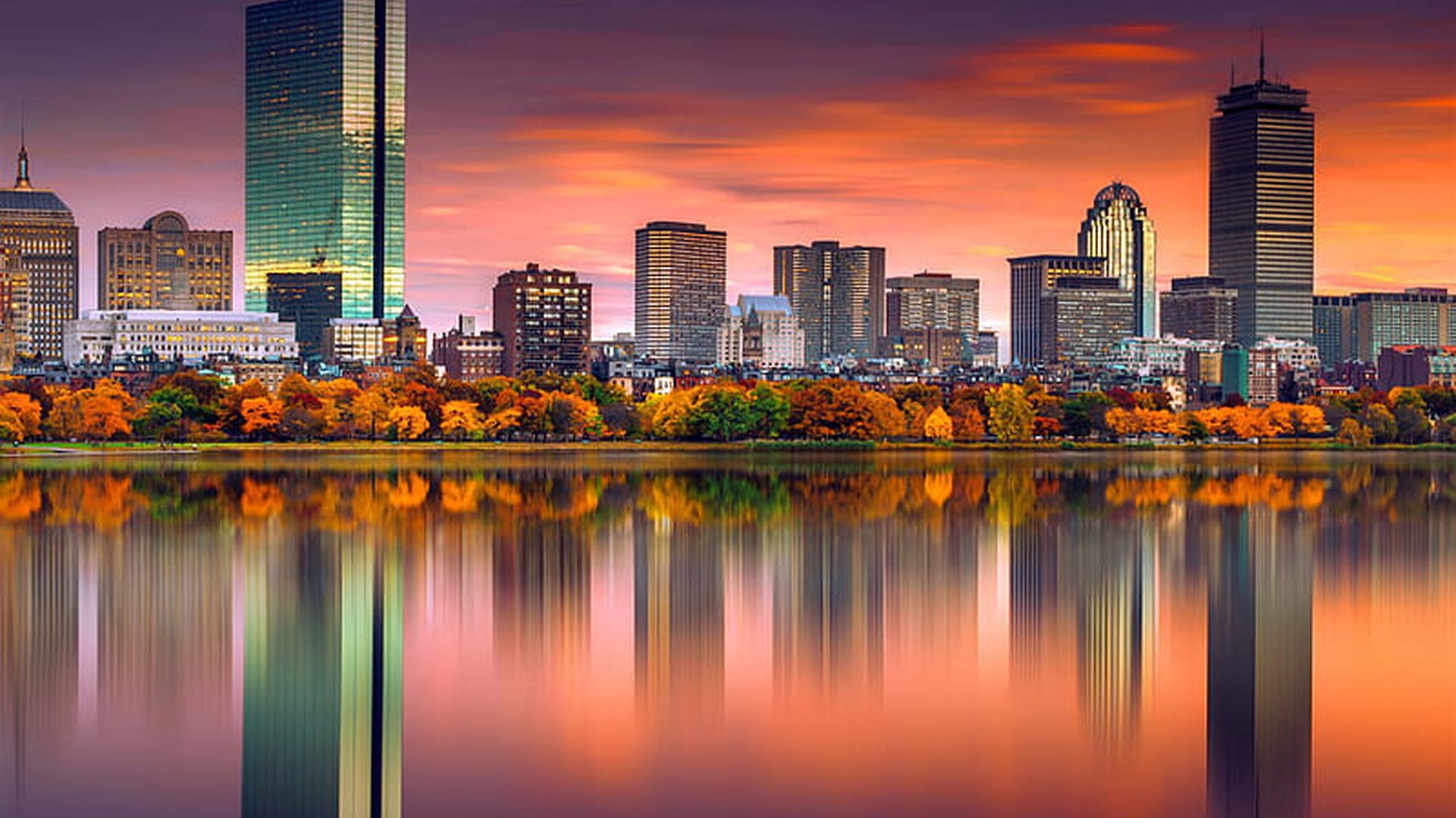 a skyline at sunset