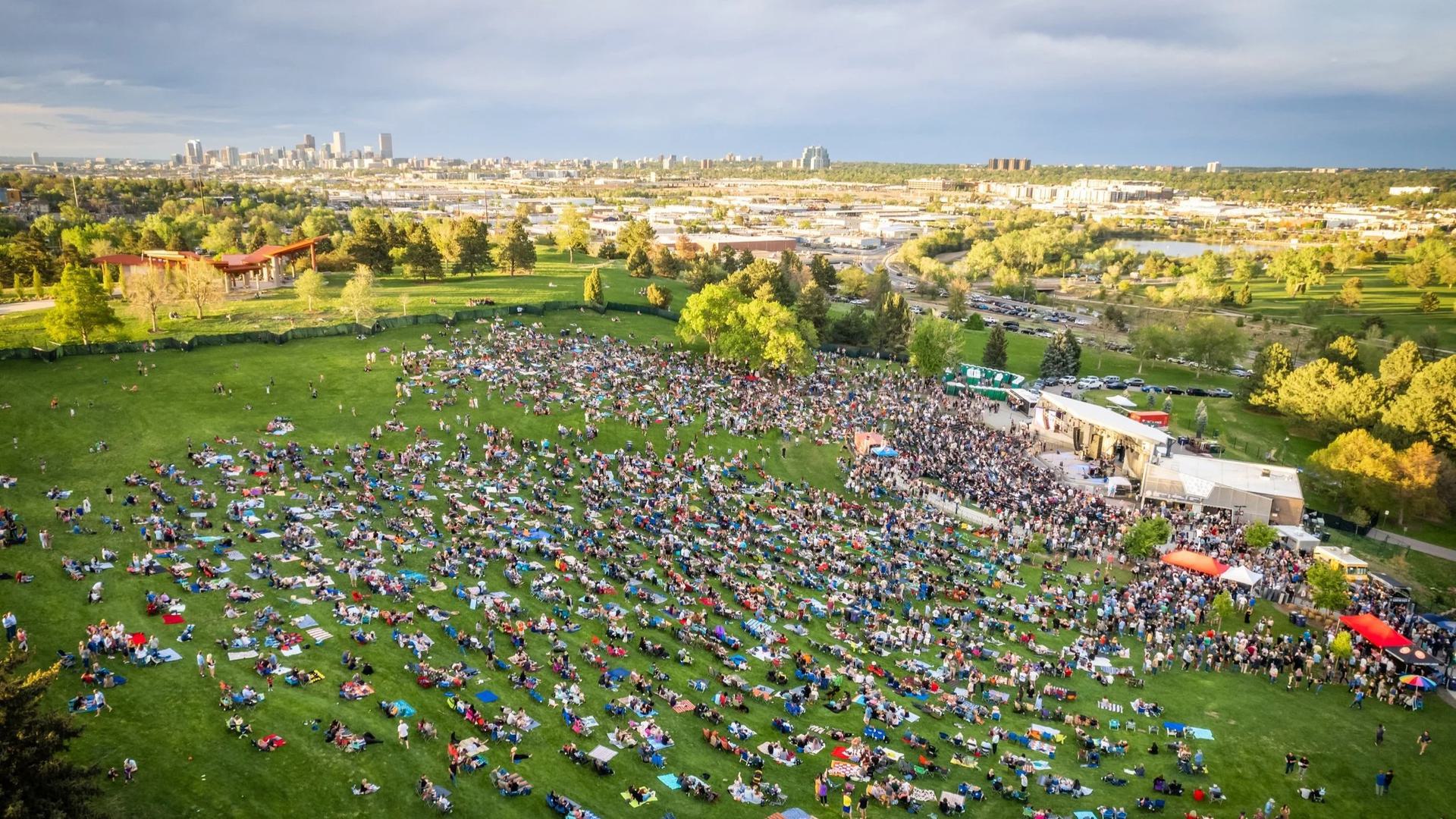 an aerial view of people on a lawn