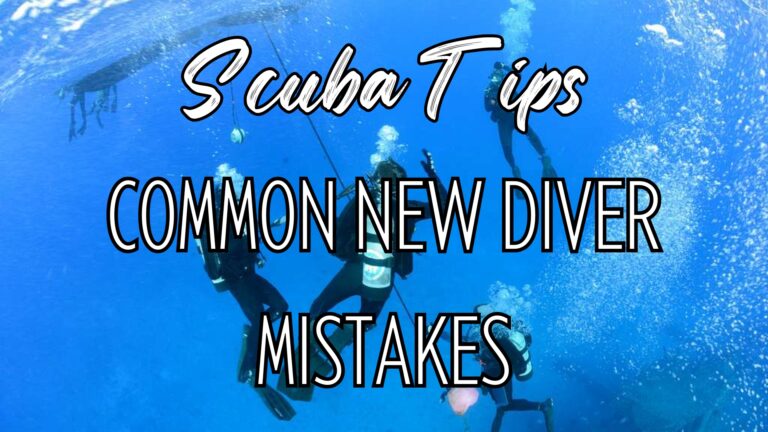 Photo of scuba divers with words "scuba tips common new diver mistakes"