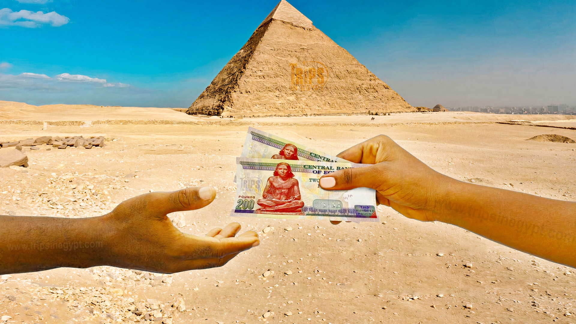 Photo of person handing over money in front of pyramid.