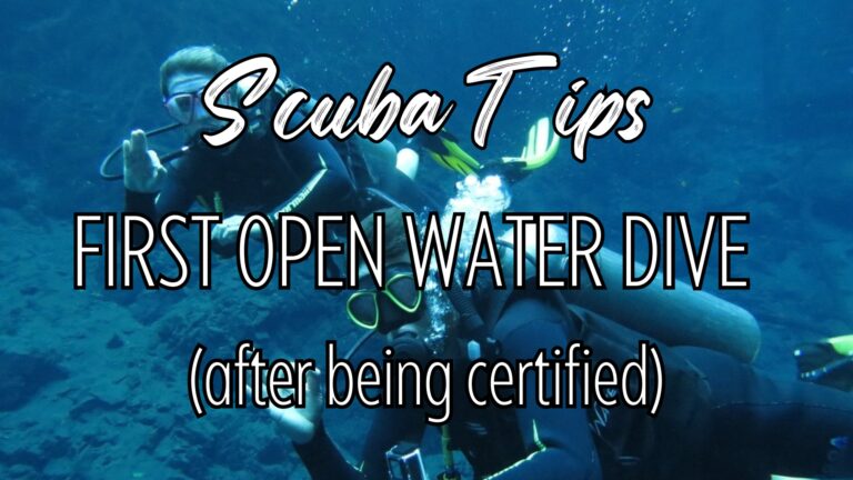 Photo of scuba divers with words "scuba tips first open water dive (after being certified)