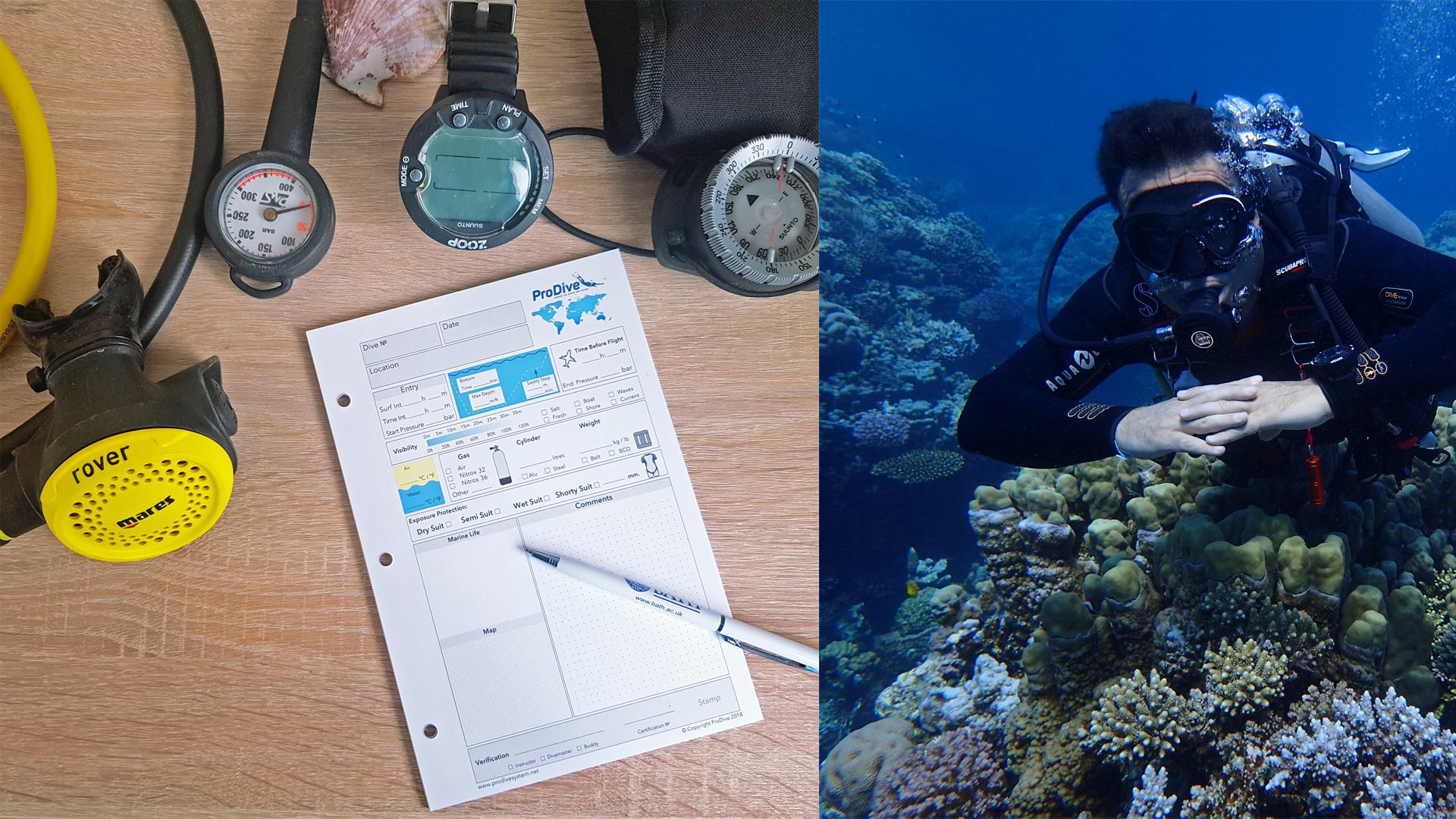 a logbook and a scuba diver