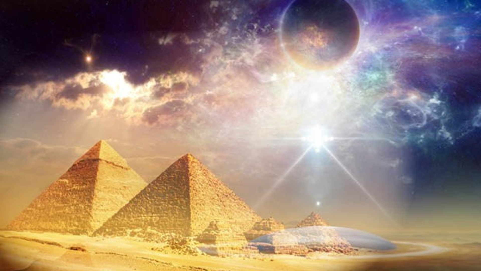 Photo of Ancient pyramids with lights and planet shown in sky.