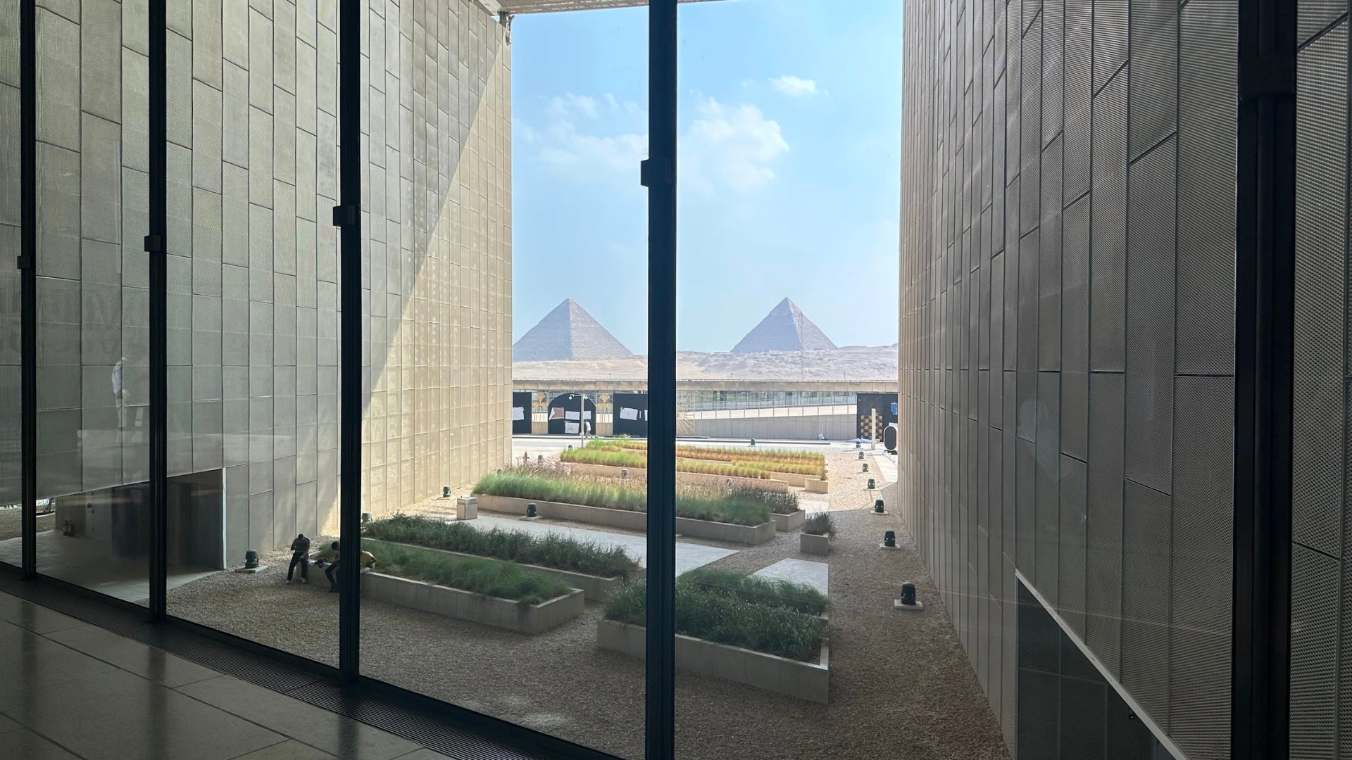 Phot of the Giza pyramids as seen from the GEM.