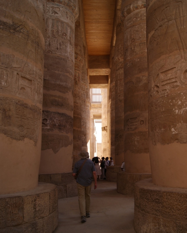 Photo of Scuba Jay walking through the Great Hypostyle Hall.