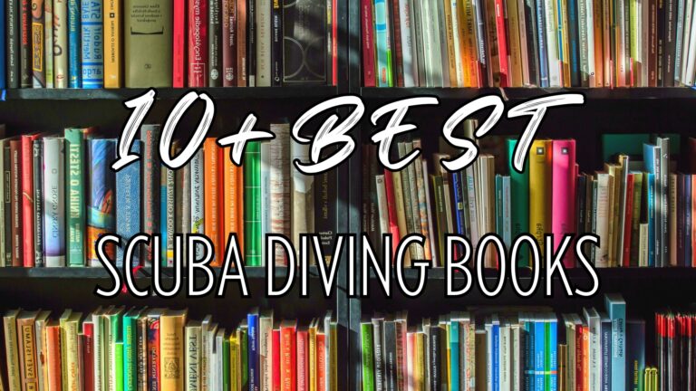 Photo of books on shelf with words "10 + best scuba diving books"