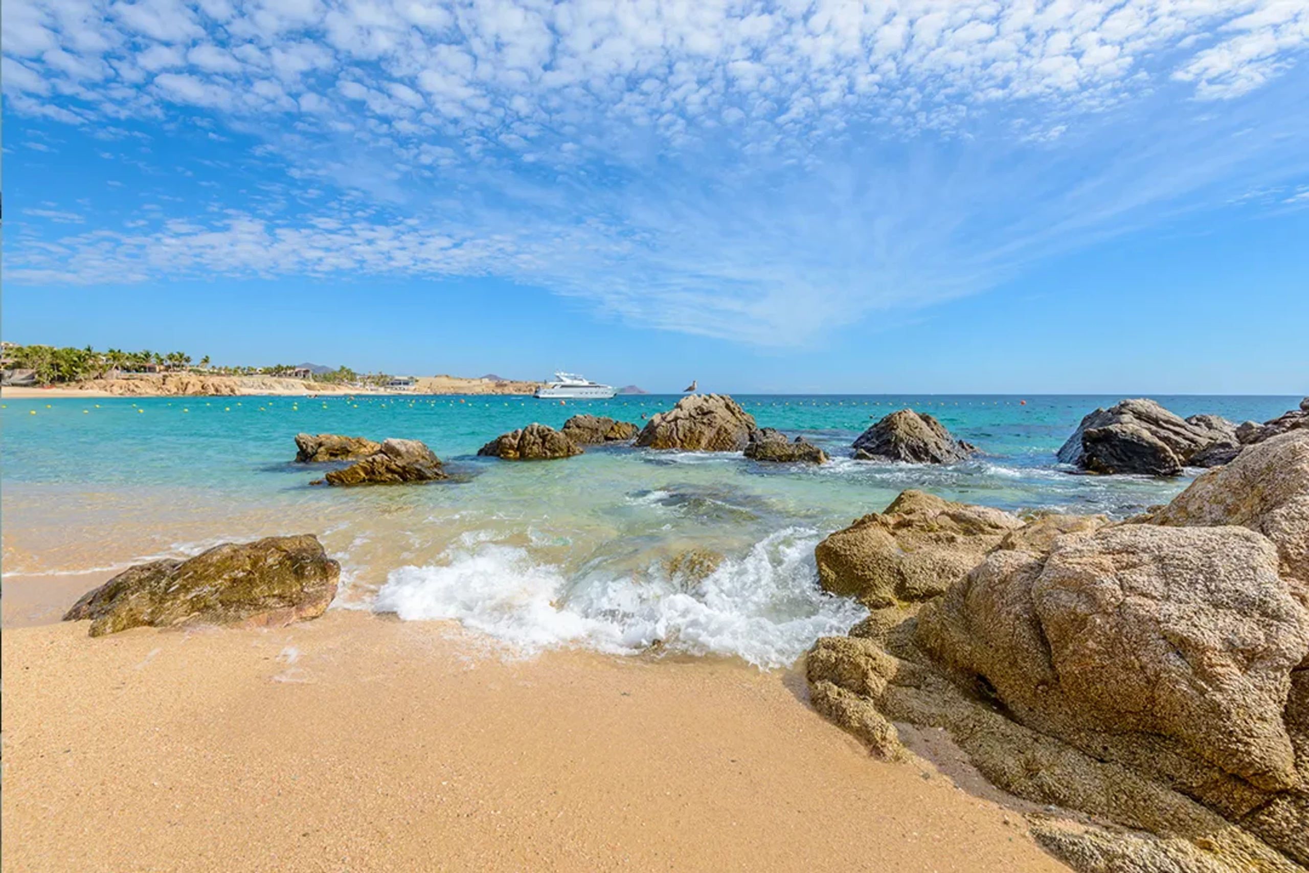 A view of a beach and bay