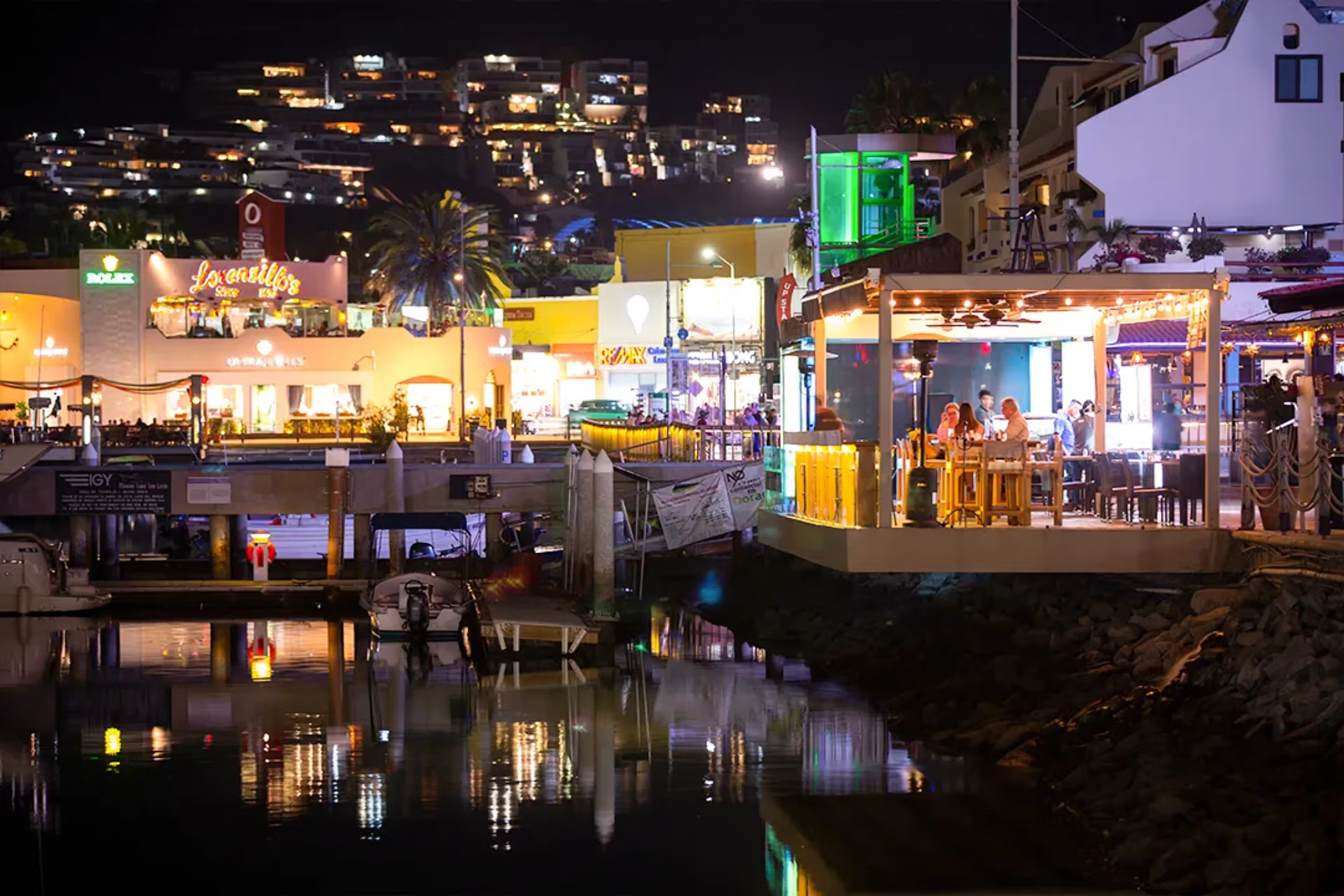 Photo of a bar by a marina.