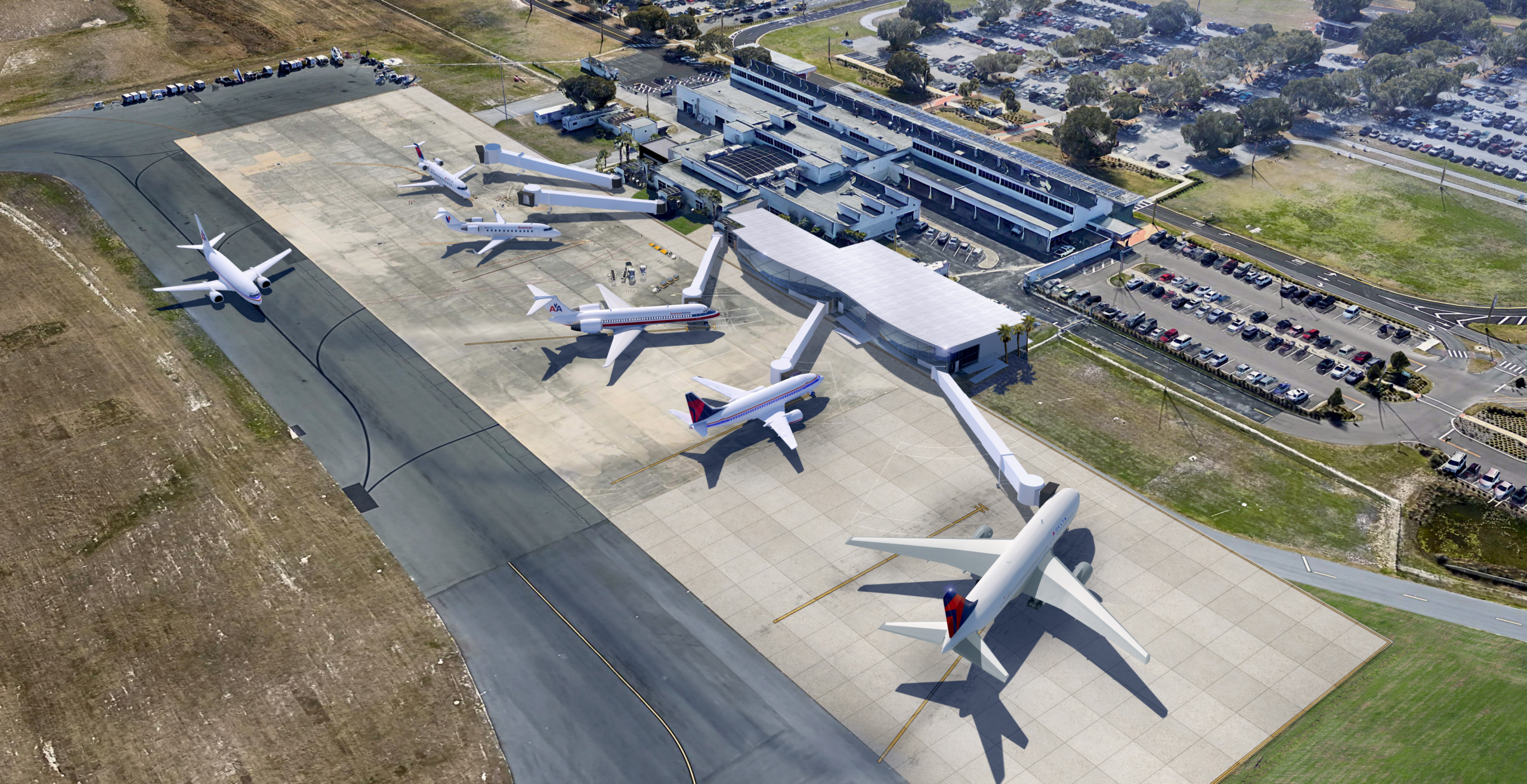 An aerial view of an airport with multiple planes