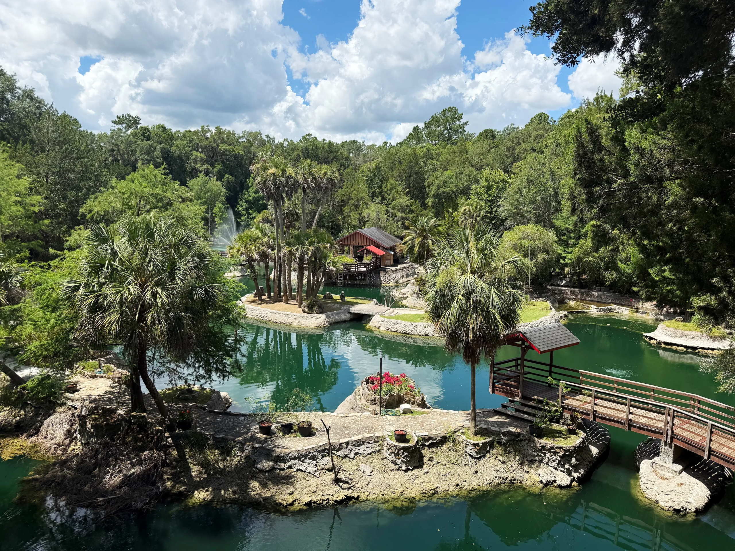 a view of a garden with water around it