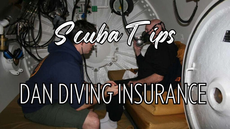 Photo of two men in a recompression chamber with words "scuba tips DAN diving insurance"