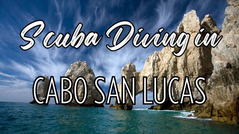 Photo of rocky formation coming out of the water with words "scuba diving in Cabo San Lucas